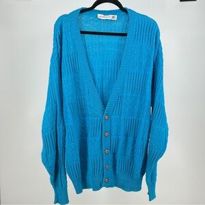 Men’s 90’s Vintage Teal Blue 100% Cotton Cardigan Sweater‎ Eclectic Grandpa